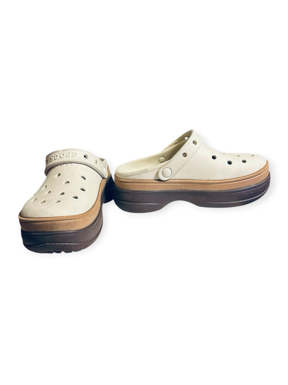 CROCS Size 6 Three Tone Mocha Classic Stacked Clog Platform Chunky Neutral Wedge